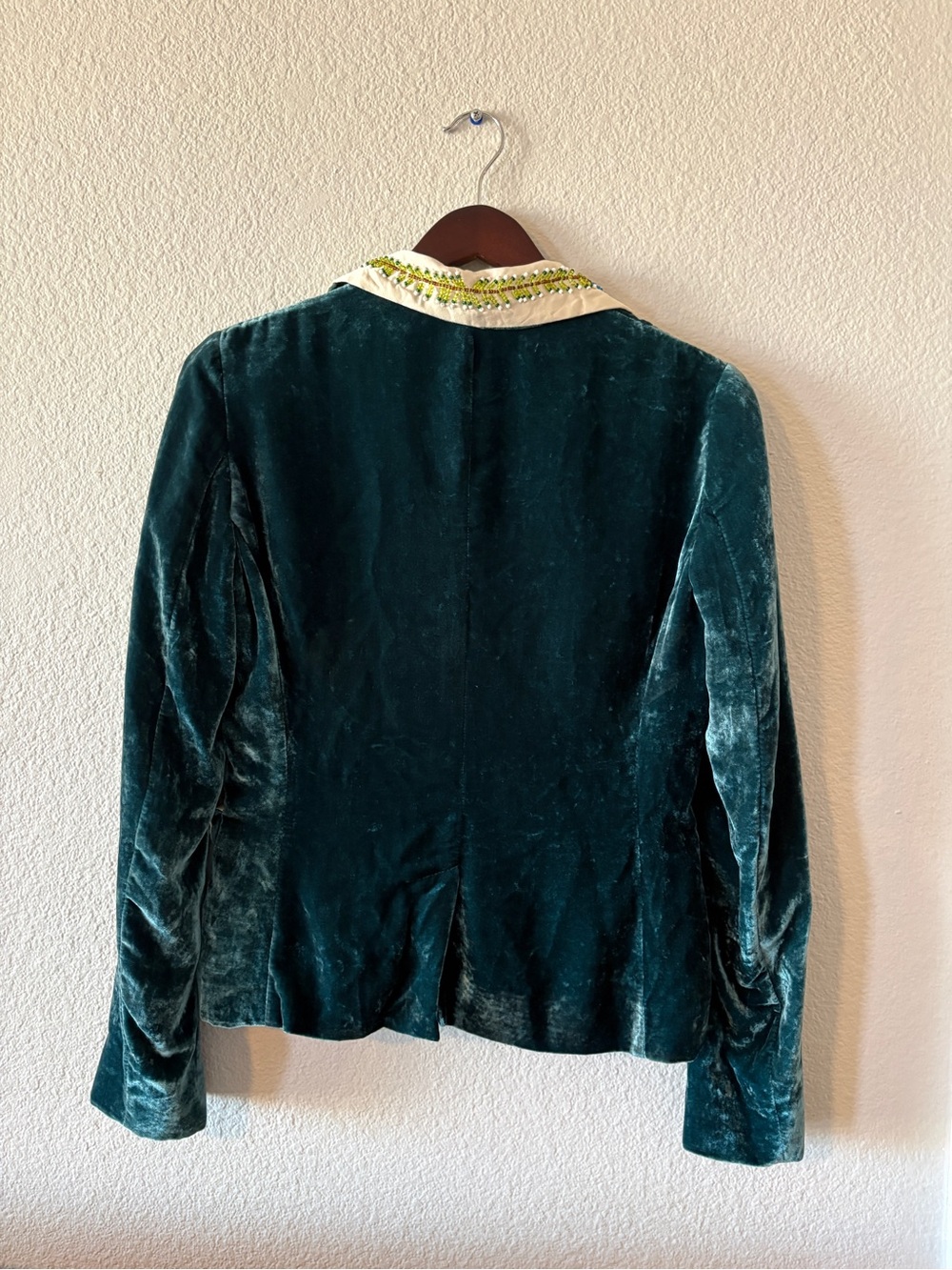 We Are Replay Teal Velvet Blazer with Cream Embroidered & Beaded Trim - Picture 2 of 9